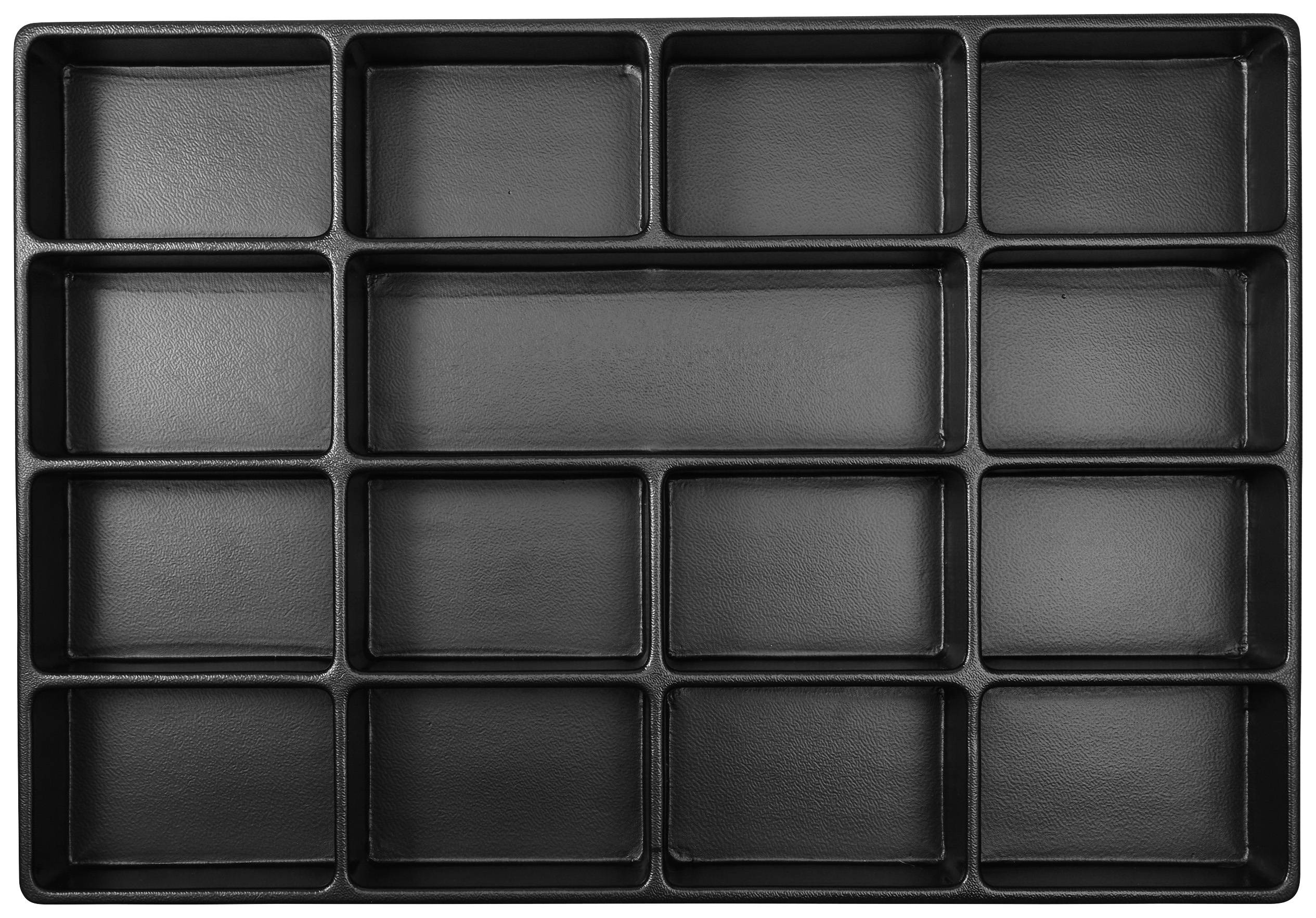 Eine schwarze Kunststoffbox mit 15 gleich großen, rechteckigen Fächern. Ideal zur organisierten Aufbewahrung kleiner Gegenstände.