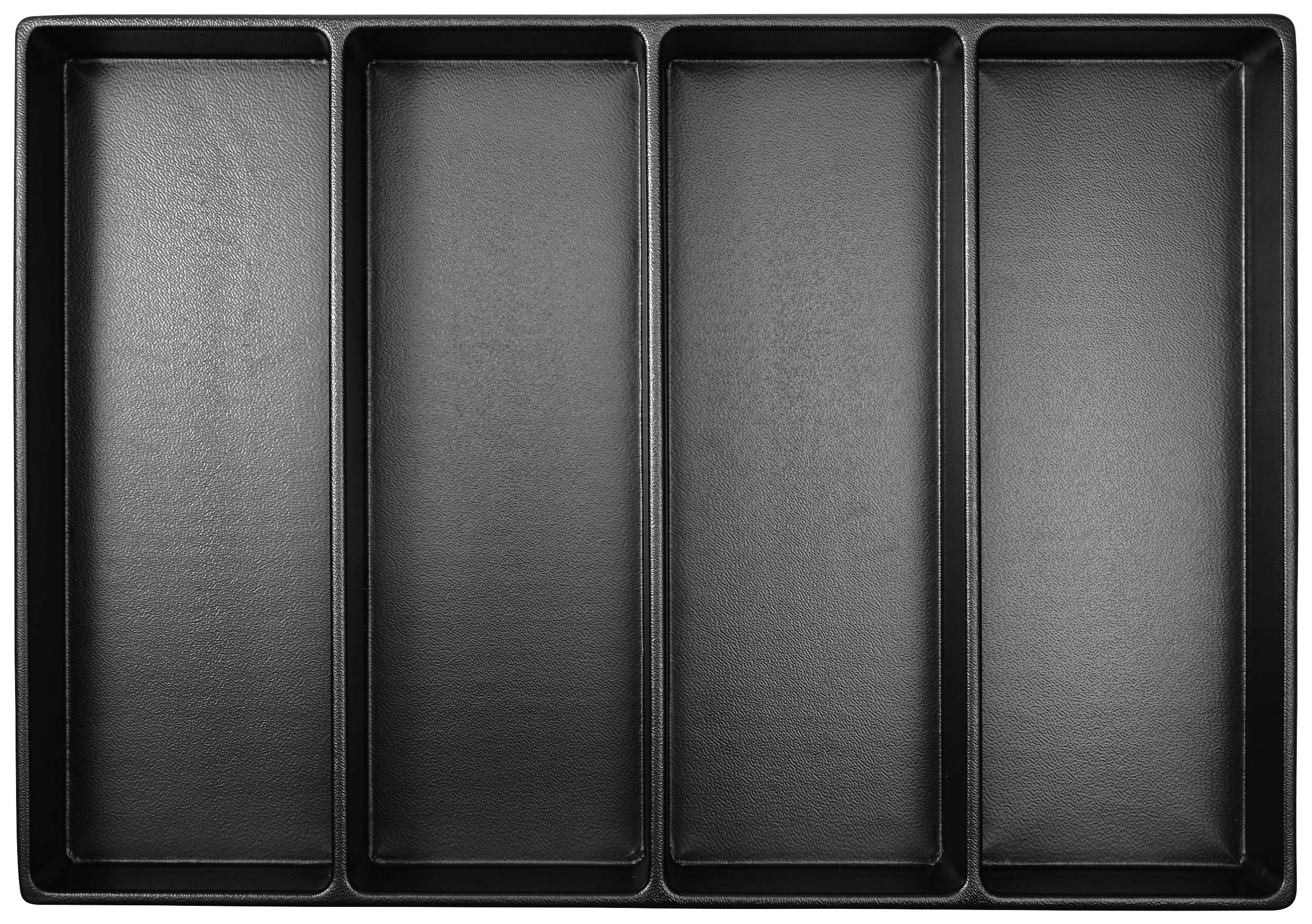 Schwarzes, rechteckiges Tablett mit vier gleich großen Fächern in einer Reihe.