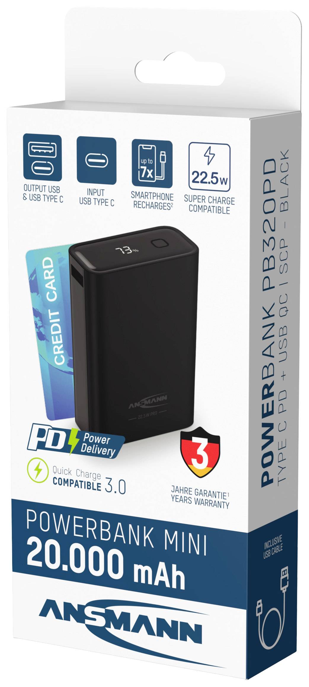 Ansmann PB320PD mini Powerbank 20000 mAh USB PD, Quick Charge Li-Ion USB-A, USB-C® Schwarz