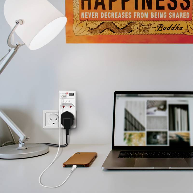 LogiLink PA0276 Anschlussdose mit USB-Ladeausgang, erhöhter Berührungsschutz, Überspannungsschutz IP20 Weiß