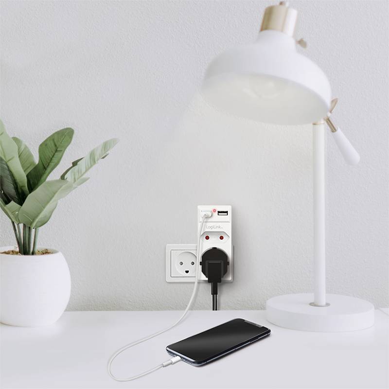 LogiLink PA0276 Anschlussdose mit USB-Ladeausgang, erhöhter Berührungsschutz, Überspannungsschutz IP20 Weiß