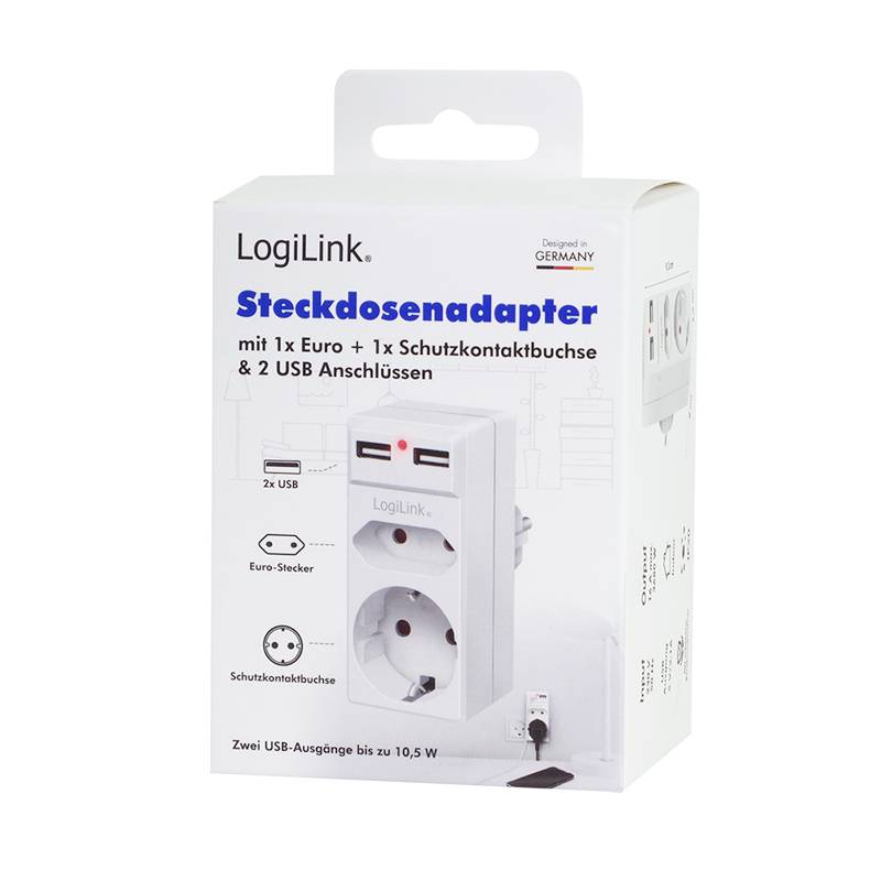 LogiLink PA0276 Anschlussdose mit USB-Ladeausgang, erhöhter Berührungsschutz, Überspannungsschutz IP20 Weiß