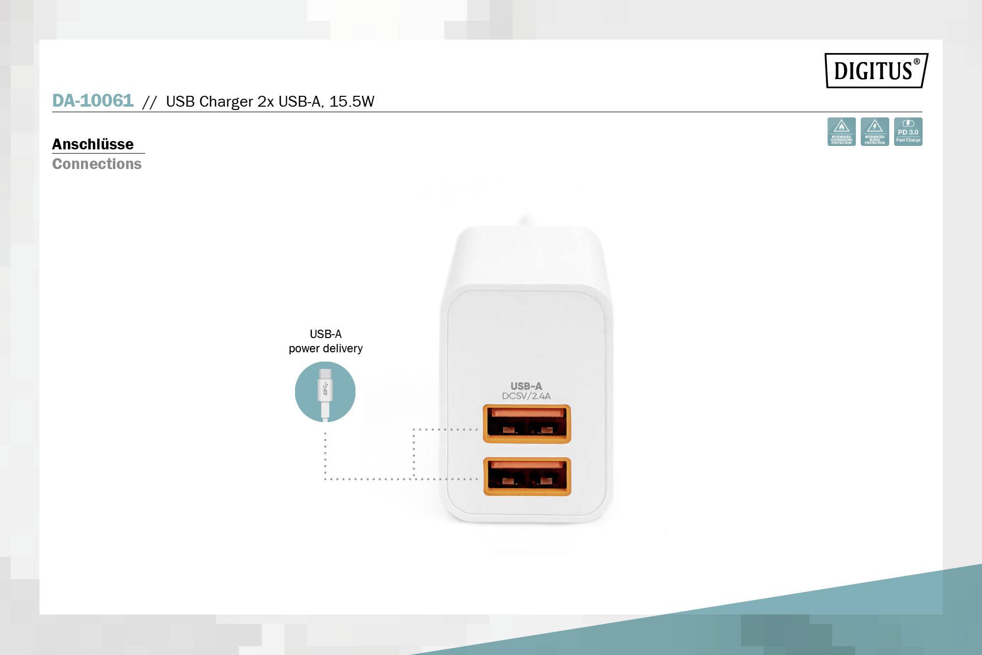 Digitus DA-10061 USB Ladegerät 15 W 2x USB-A Weiß Flugzeug, Innenbereich, KFZ, LKW