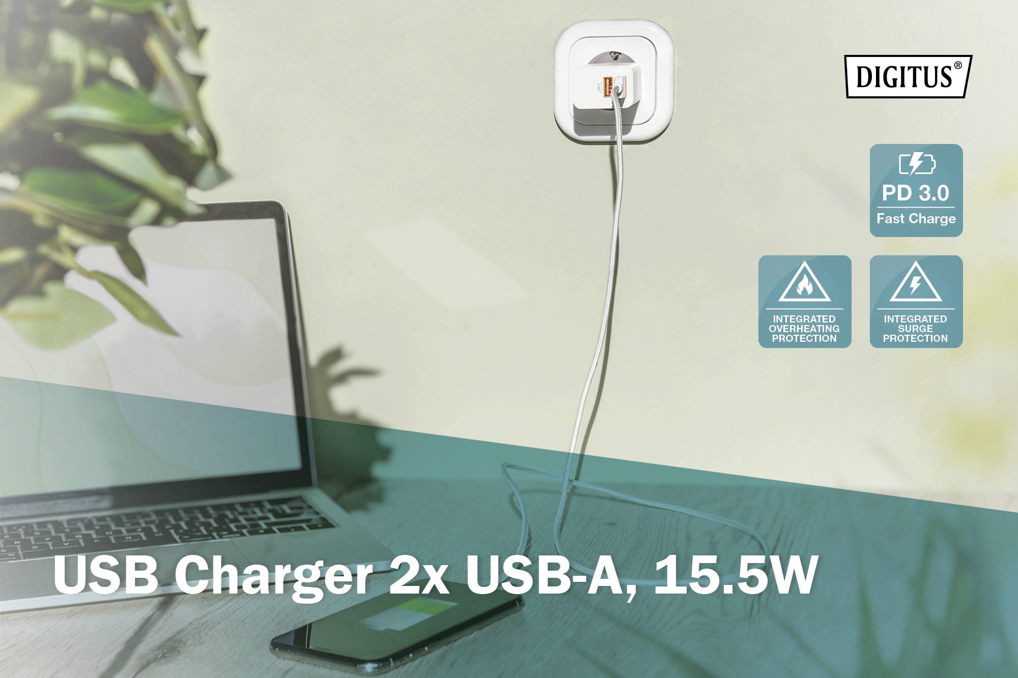 Digitus DA-10061 USB Ladegerät 15 W 2x USB-A Weiß Flugzeug, Innenbereich, KFZ, LKW