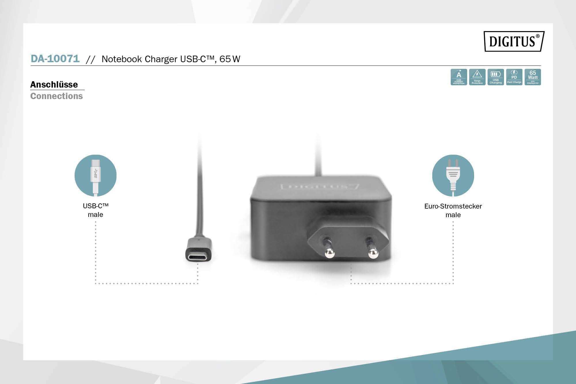 Ladegerät für Notebooks, USB-C und Euro-Stecker Anschlüsse, 65 Watt. Anschlussdetails: USB-C und Euro-Stromstecker abgebildet.
