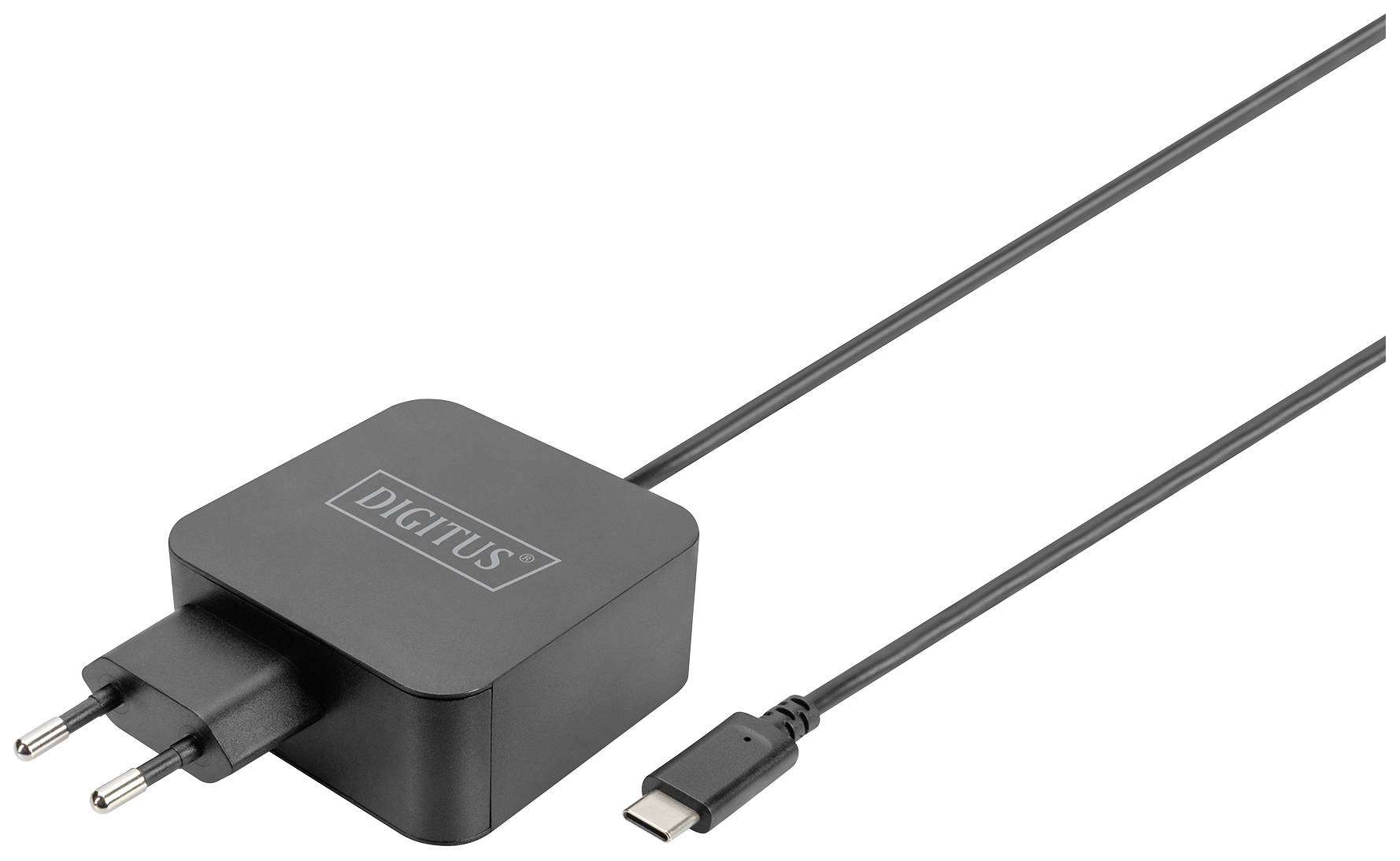 Ein schwarzes Ladegerät mit europäischem Stecker und USB-C-Anschluss, im Gehäuse ist der Markenname 'Digitus' sichtbar.