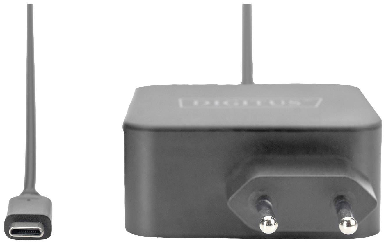 Schwarzes USB-C-Ladegerät mit zwei Steckdosenstiften für EU-Steckdosen, Kabel links sichtbar, Vorderansicht.