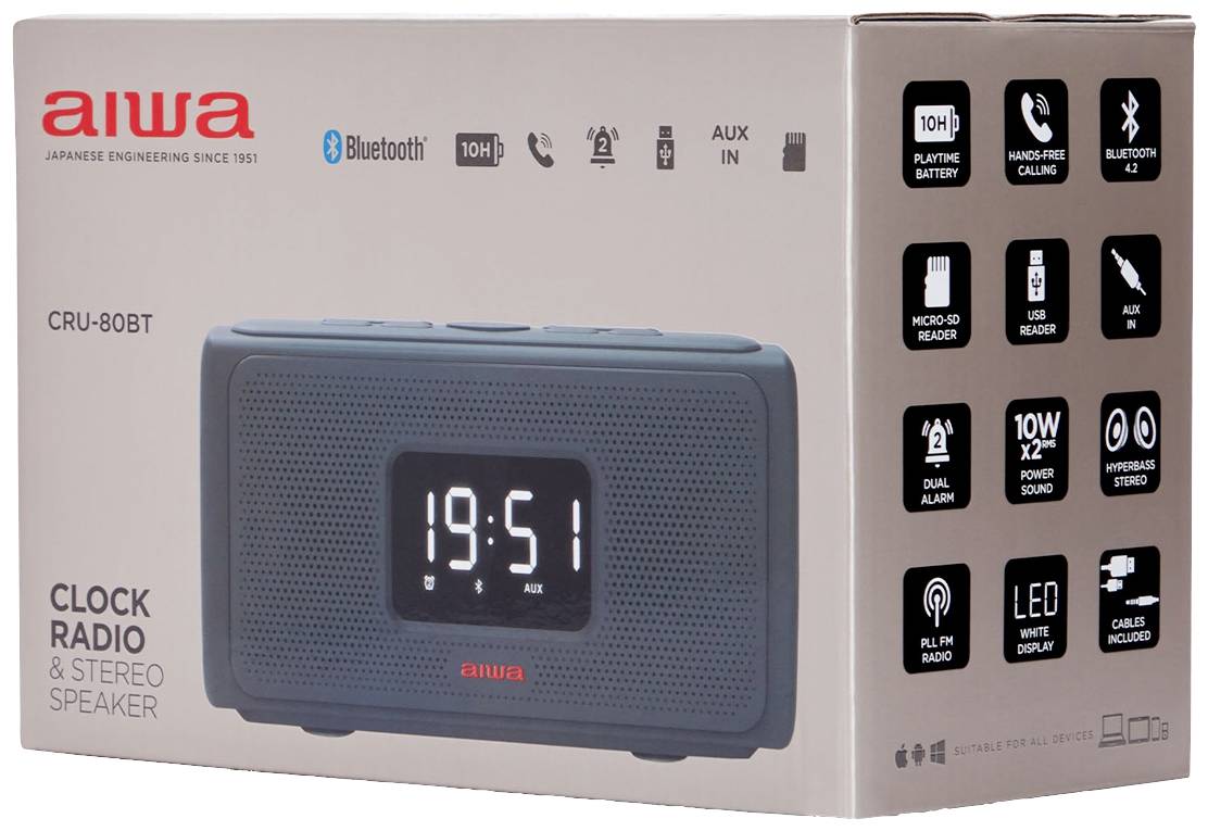 Aiwa CRU-80BT Radiowecker FM AUX, Bluetooth®, UKW, USB Grau