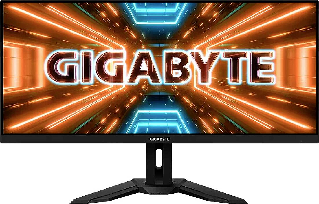 Ein Computer-Monitor zeigt das Wort 'GIGABYTE' in großen Buchstaben auf einem leuchtenden, futuristischen Hintergrund.