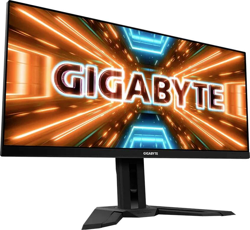 Ein Computerbildschirm zeigt das Wort 'GIGABYTE' in leuchtenden orange und blauen Farben auf einem dynamischen, futuristischen Hintergrund.
