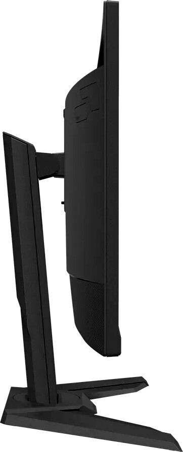 Ein schwarzer Computerbildschirm von der Seite. Das schlanke Design und der robuste Standfuß sind sichtbar.