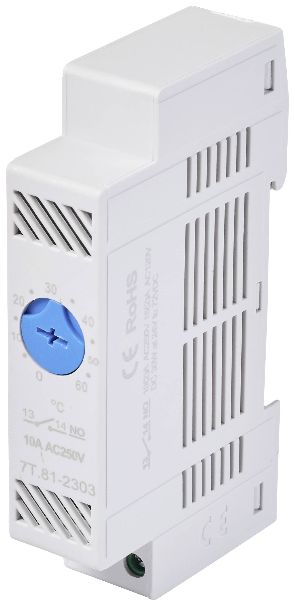 Ein weißes elektrisches Klemmengehäuse mit einem blauen Drehregler für Temperatureinstellungen, beschriftet mit 'CE' und 'RoHS'.