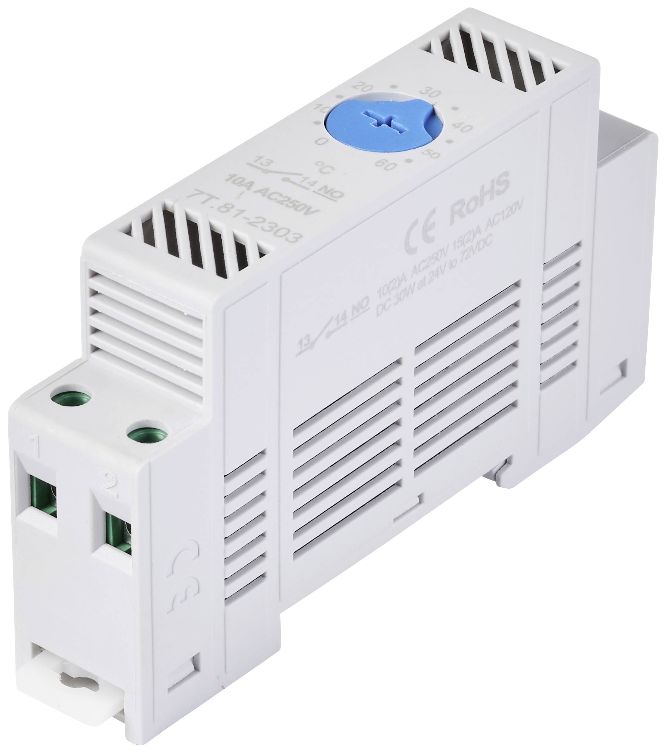 Ein weißes elektrisches Relais für die DIN-Schienenmontage mit blauen Schalter und Beschriftung, geeignet für AC/DC 24V, 16A.