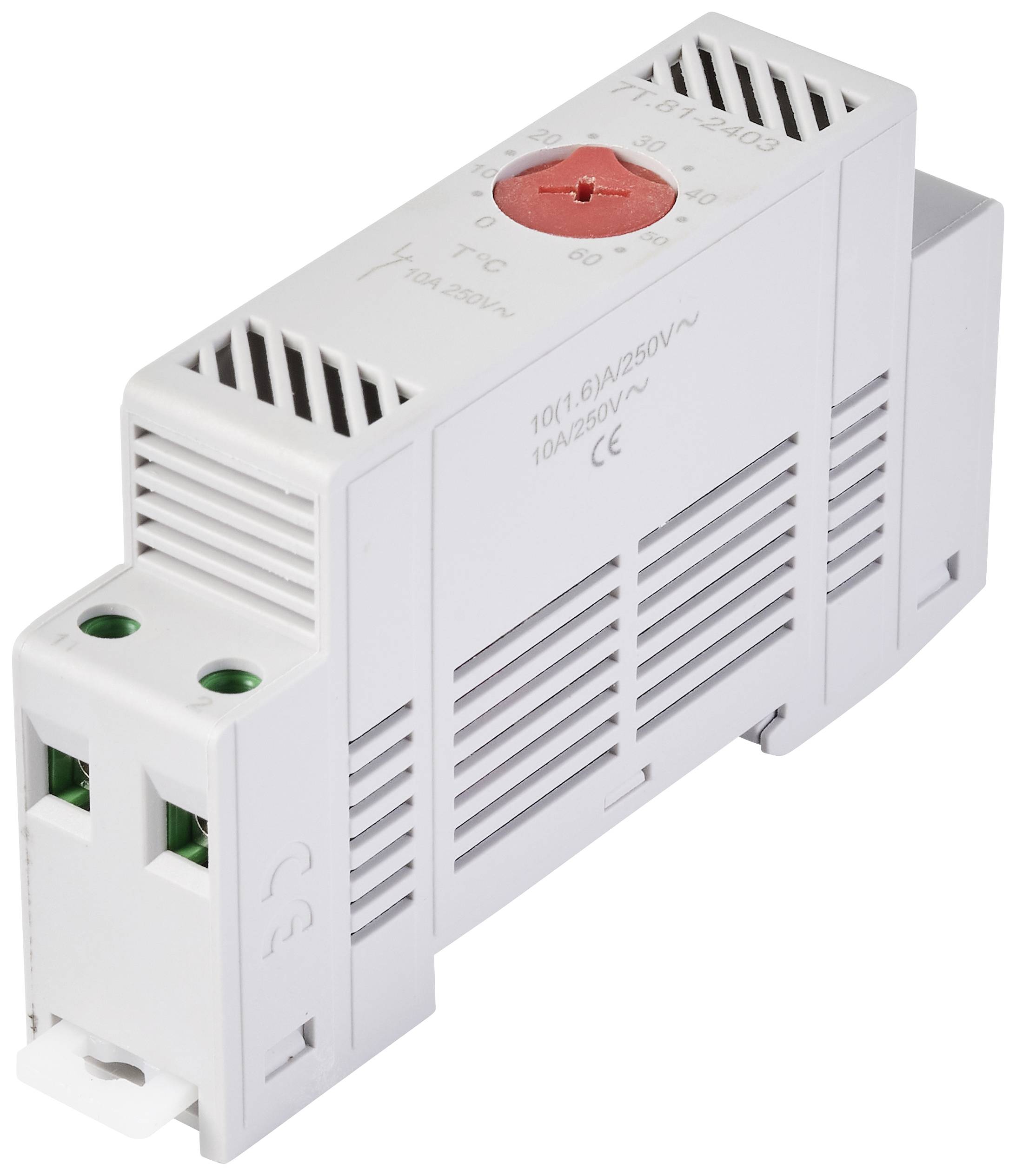 Ein elektronisches Gerät zur Hutschienenmontage mit einem roten Drehregler und Lüftungsschlitzen. Geeignet für elektrische Steuerungen.