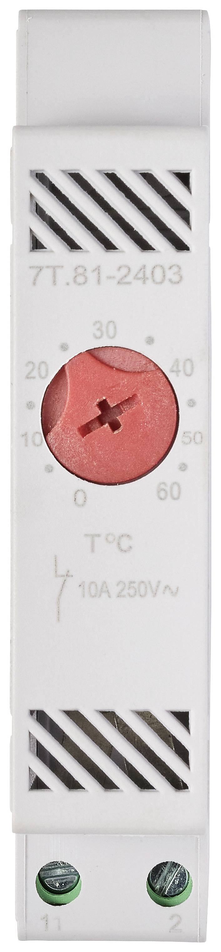 Thermostat für Temperaturregelung, Skala von 0 bis 60 °C, mit rotem Einstellknopf und elektrischen Anschlüssen unten.