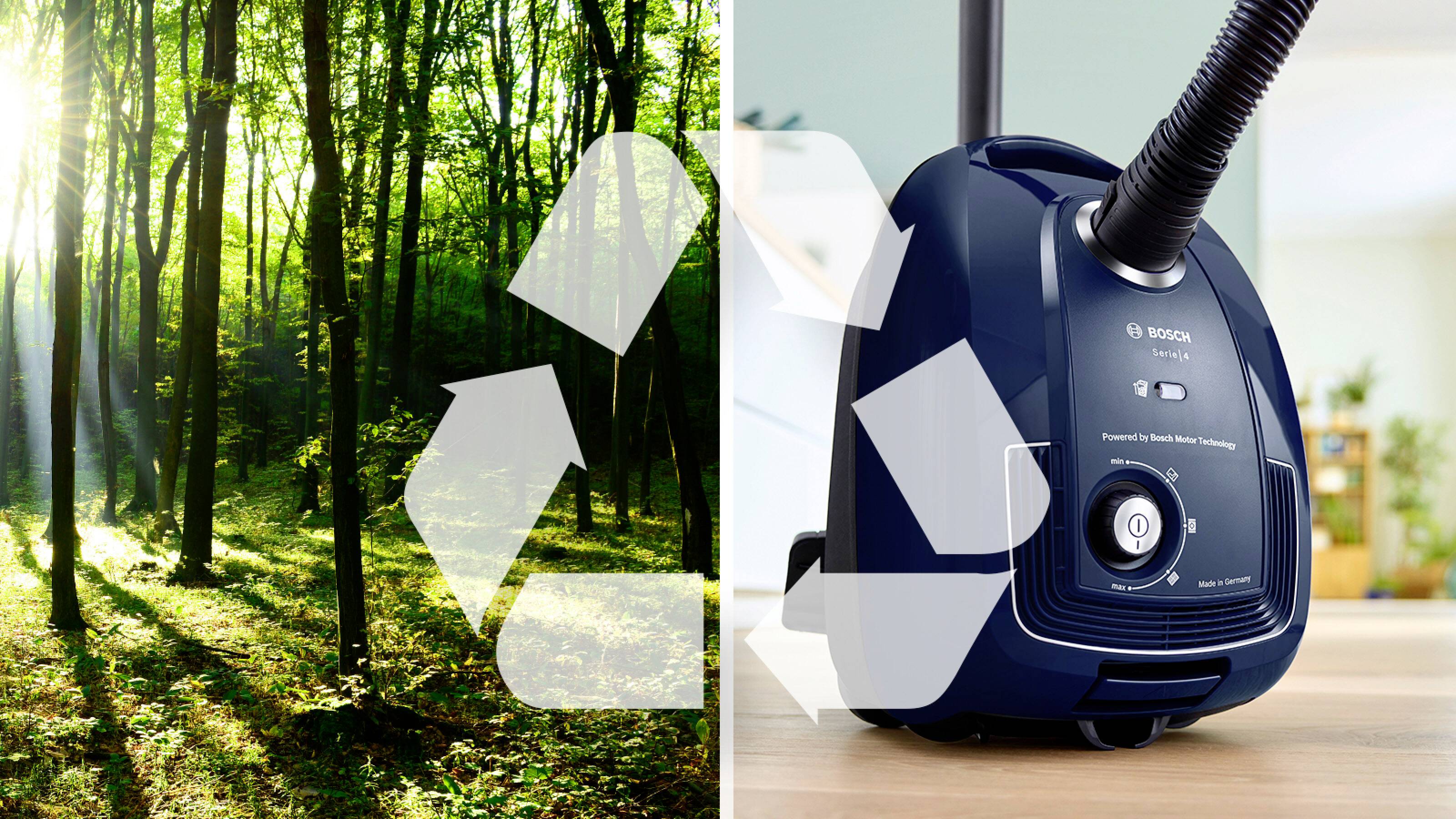 Ein Wald mit Sonnenlicht im linken Bild, ein Staubsauger mit Recycling-Symbol im rechten Bild, Darstellung umweltfreundlicher Technologie.