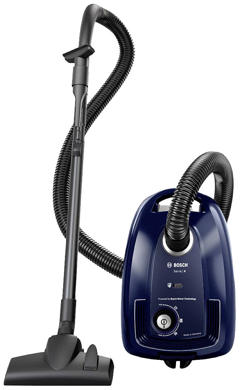 Staubsauger in dunklem Blau mit langem Saugschlauch und Bodendüse, Modell 'Bosch Serie 4'; präsentiert aufrecht stehend.