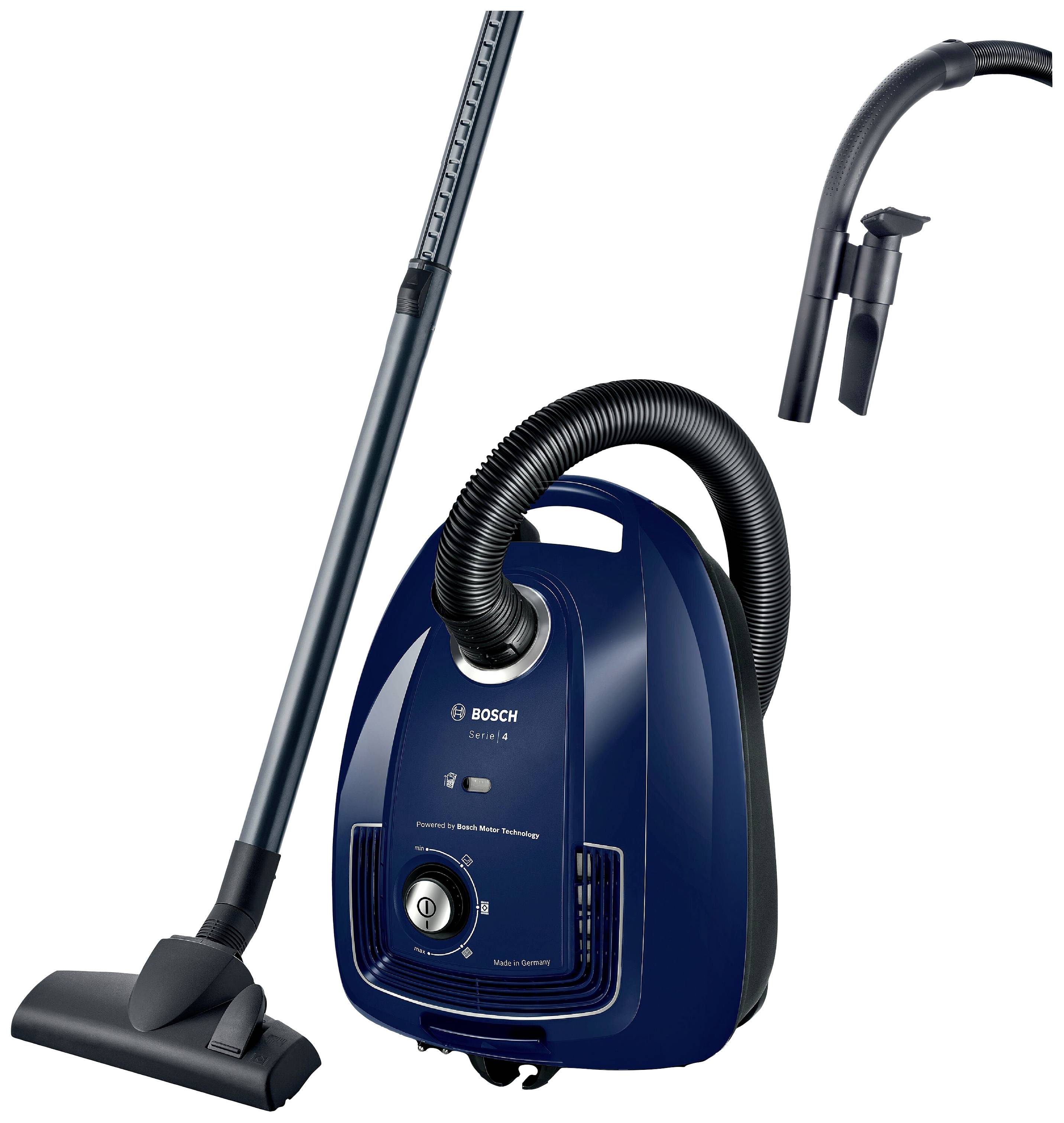 Staubsauger mit blauer Oberfläche, Saugschlauch und Zubehör. Designed für effizientes Reinigen. Geeignet für verschiedene Bodenarten.