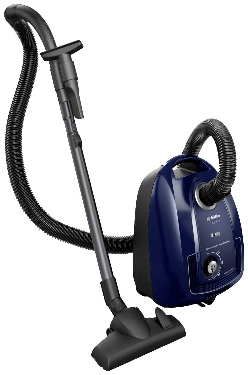 Ein blauer Staubsauger mit Schlauch und Bodenbürste. Marca steht oben links auf dem Gerät.