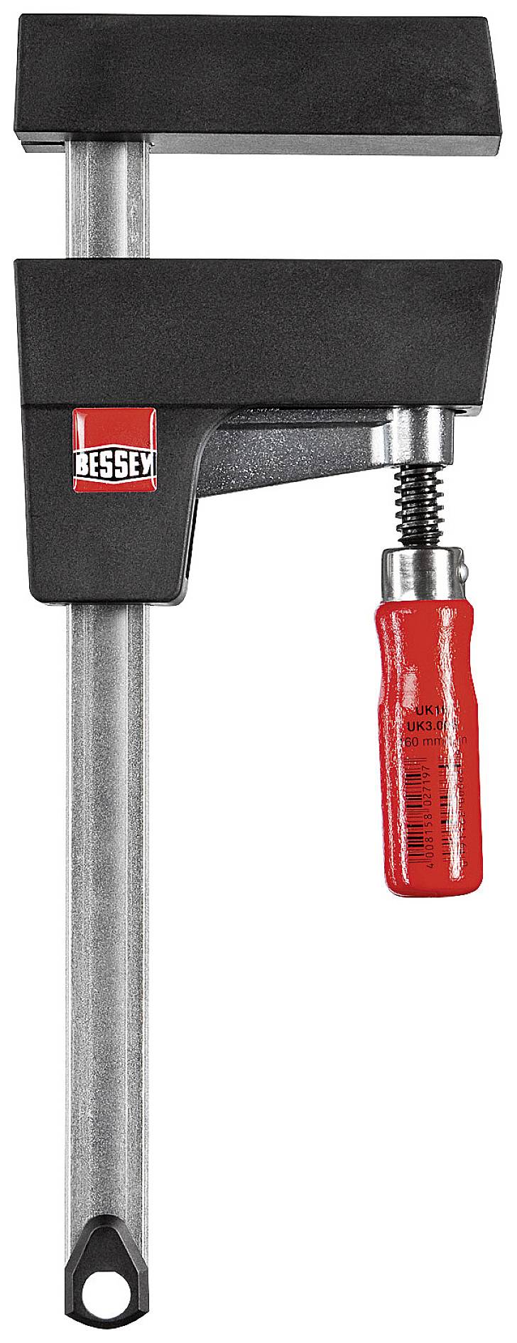 Schraubzwinge mit rotem Griff und Metallkorpus, verwendet zum Fixieren von Werkstücken in der Holzbearbeitung oder dem Handwerk.