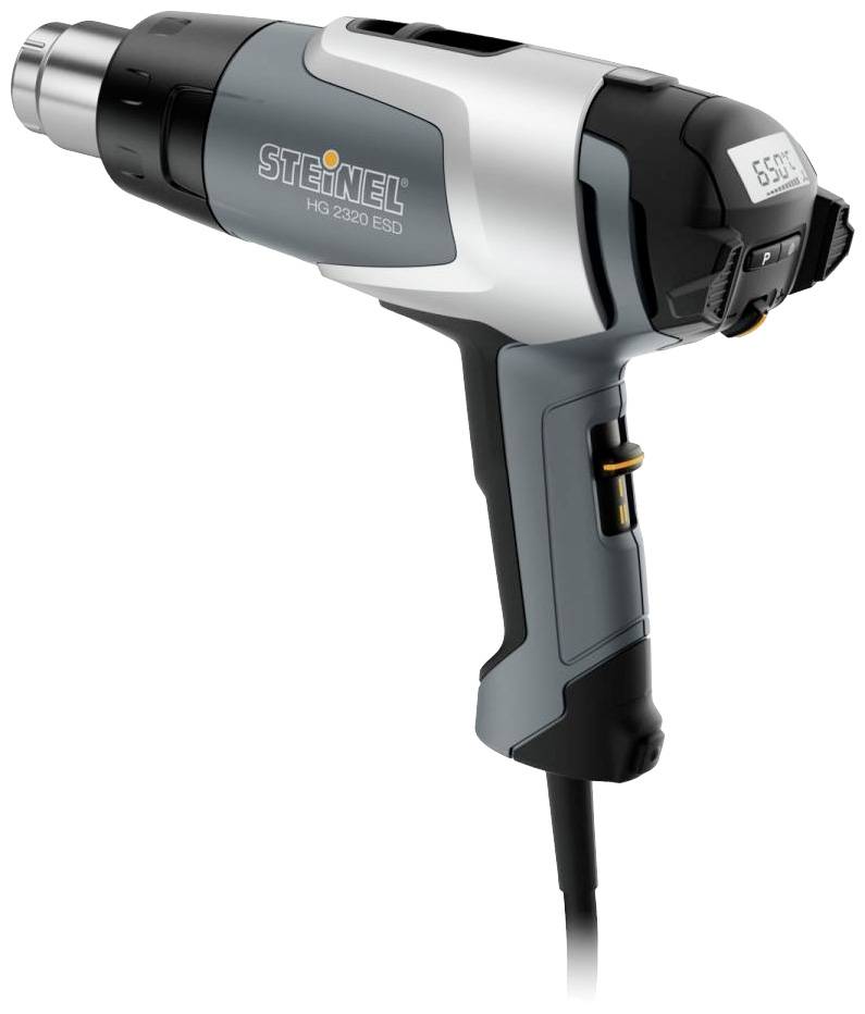 Ein grauer Heißluftföhn von Steinel mit digitaler Temperaturanzeige.