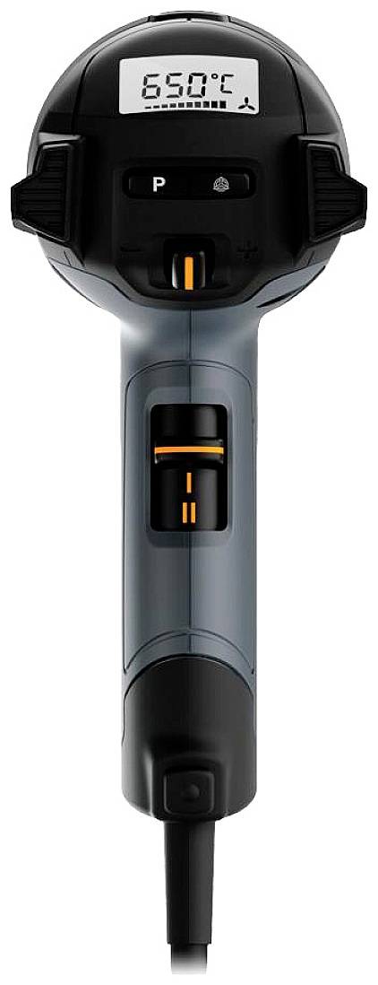 Handgerät mit Temperaturanzeige zeigt '650°C'. Griff mit zwei Schaltern und digitalem Display.