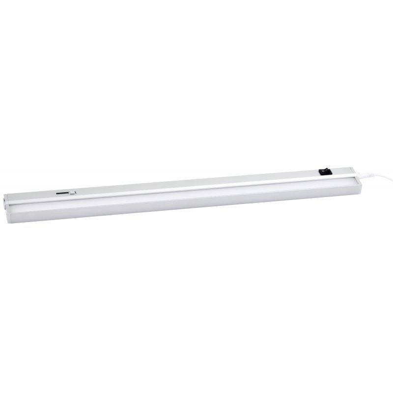 Eine weiße LED-Leuchte in länglicher Form mit Ein-/Ausschalter, die zur Beleuchtung unter Schränken oder Regalen verwendet wird.