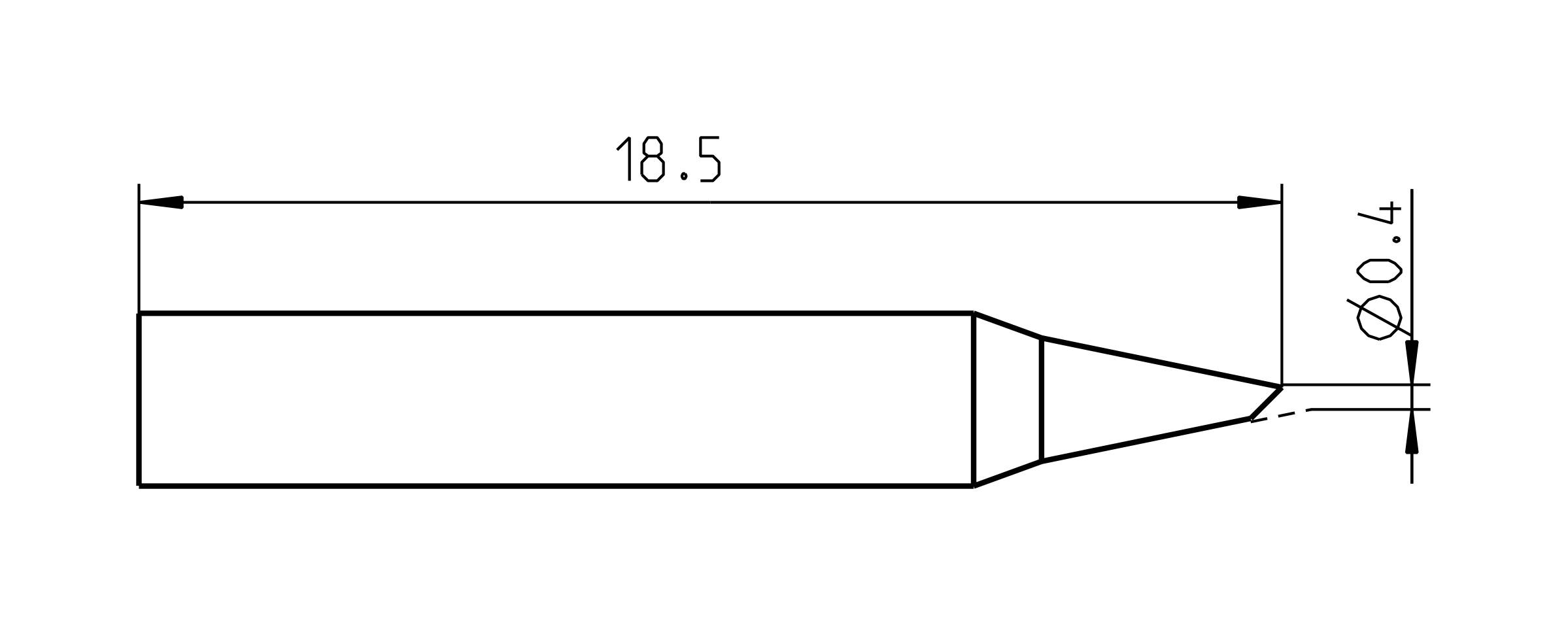 Diagramm einer Lötspitze mit den Maßen: Länge 18,5 mm, Durchmesser der Spitze 0,4 mm.