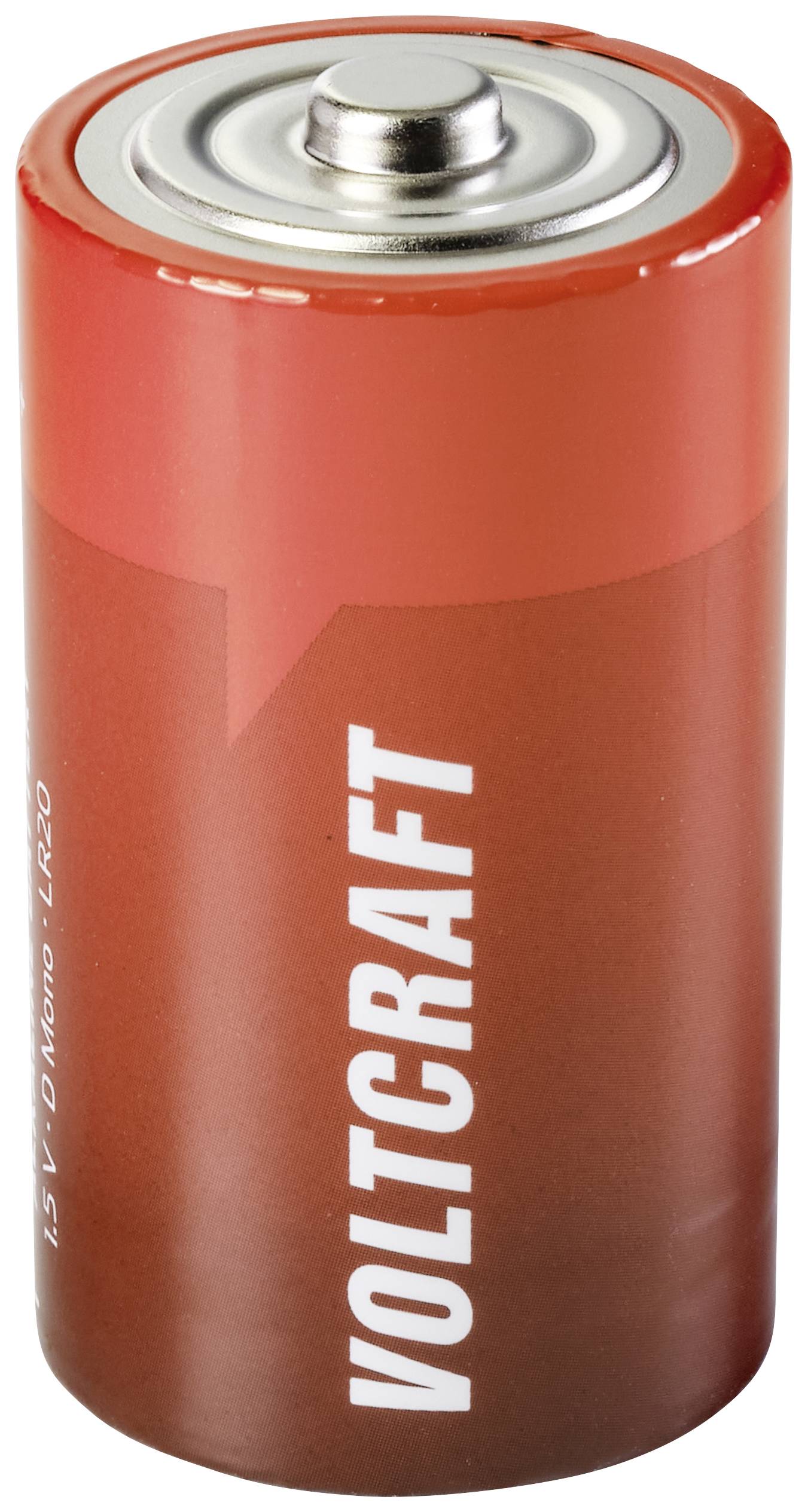 'VOLCRAFT' rote D-Batterie, 1,5 V, zylindrische Form, reiner Hintergrund.
