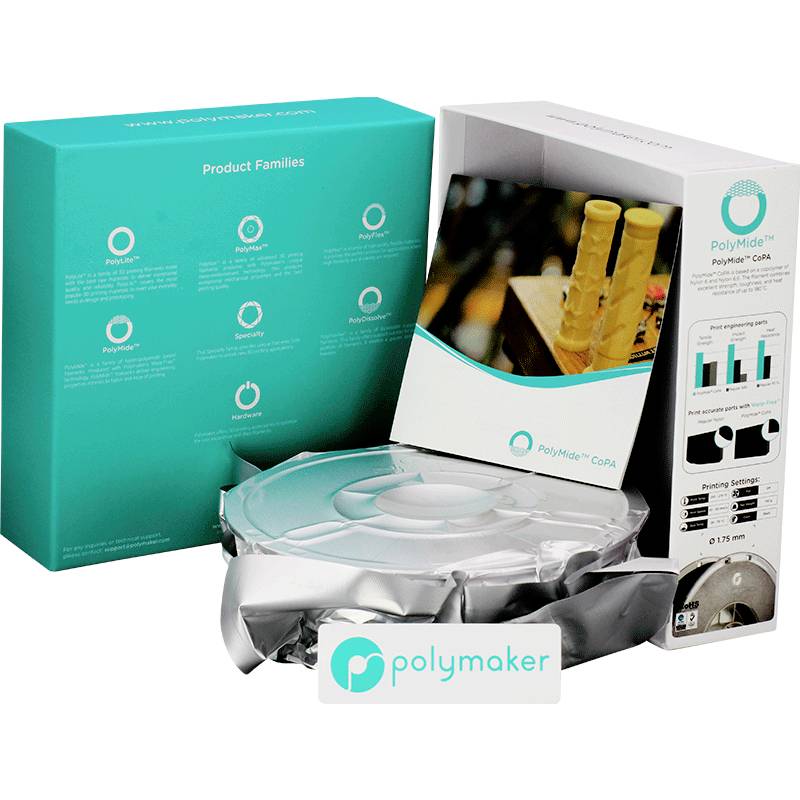 Zu sehen sind Verpackungen und eine Spule des 3D-Druckmaterials Polymaker PolyMide CoPA. Die Box zeigt verschiedene Anwendungsmöglichkeiten.