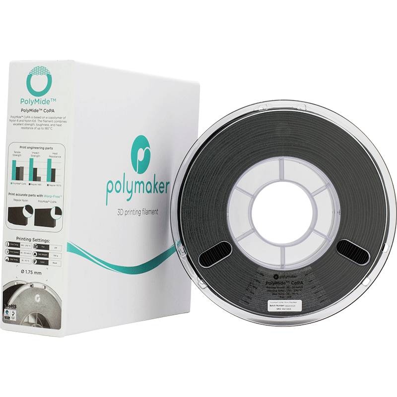 Eine Verpackung von 'Polymaker PolyMide', einem 3D-Druck-Filament, neben einer schwarzen Filamentrolle.