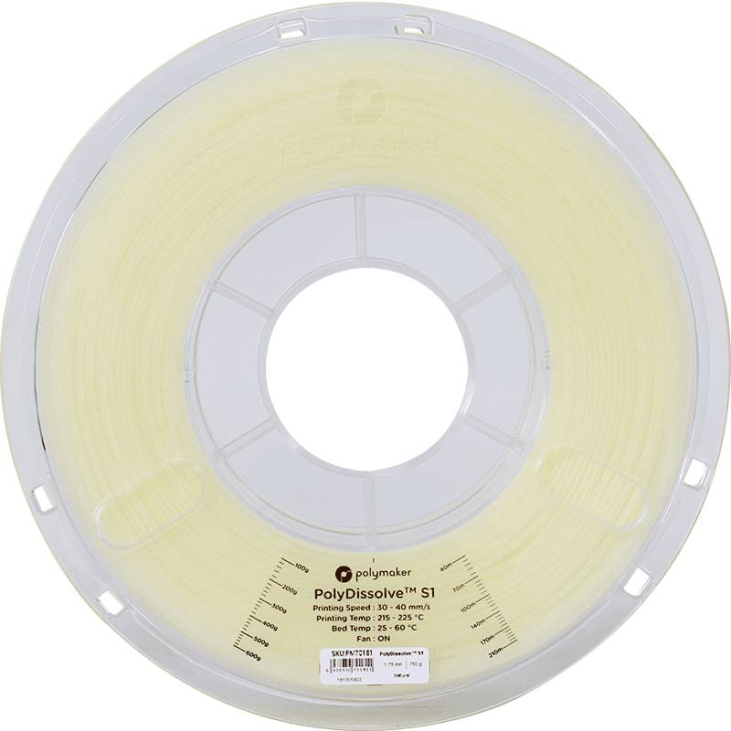 Eine Spule PolyDissolve S1 Filament für 3D-Drucker. Beschriftung zeigt empfohlene Druck- und Heizbetttemperaturen.
