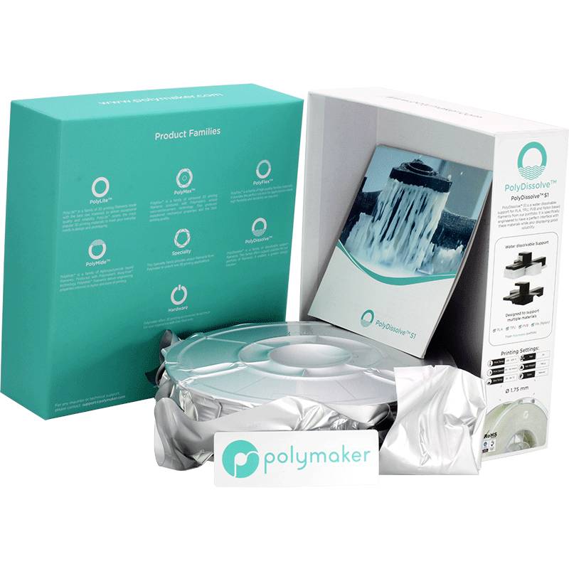 Verpackung und Rolle von Polymaker PolyDissolve™ S1 Filament. Die Box zeigt das Produktbild und Spezifikationen auf der Seite.