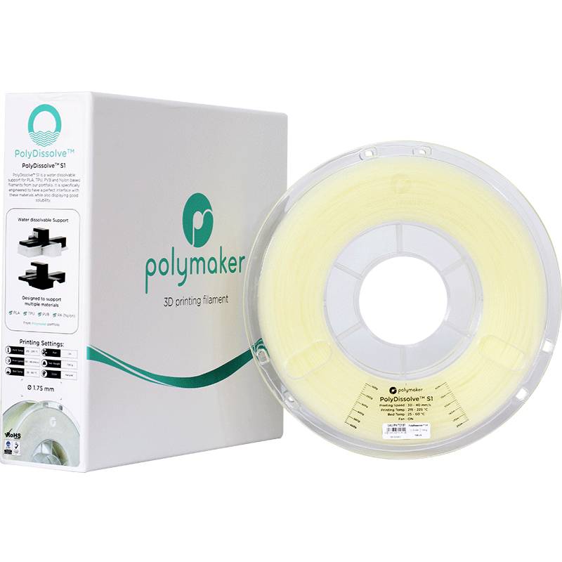 Eine Verpackung und Spule eines 3D-Druckfilaments von Polymaker. Das Filament ist als wasserlöslich gekennzeichnet, ideal für Stützstrukturen.