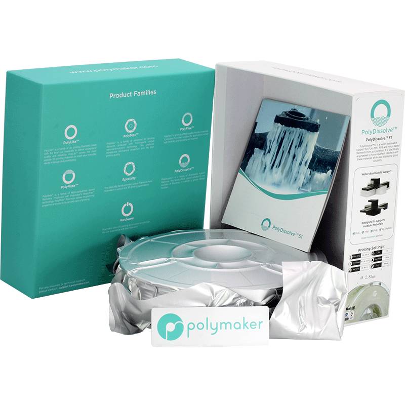 Eine Schachtel PolyDissolve S1 von Polymaker. Enthält eine Filamentspule für 3D-Drucker. Verpackung zeigt Produktinformationen und Bilder.