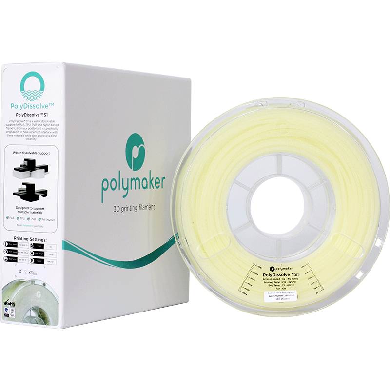 Eine Verpackung und eine Rolle des PolyDissolve™ S1, einem wasserlöslichen 3D-Druckfilament von Polymaker.