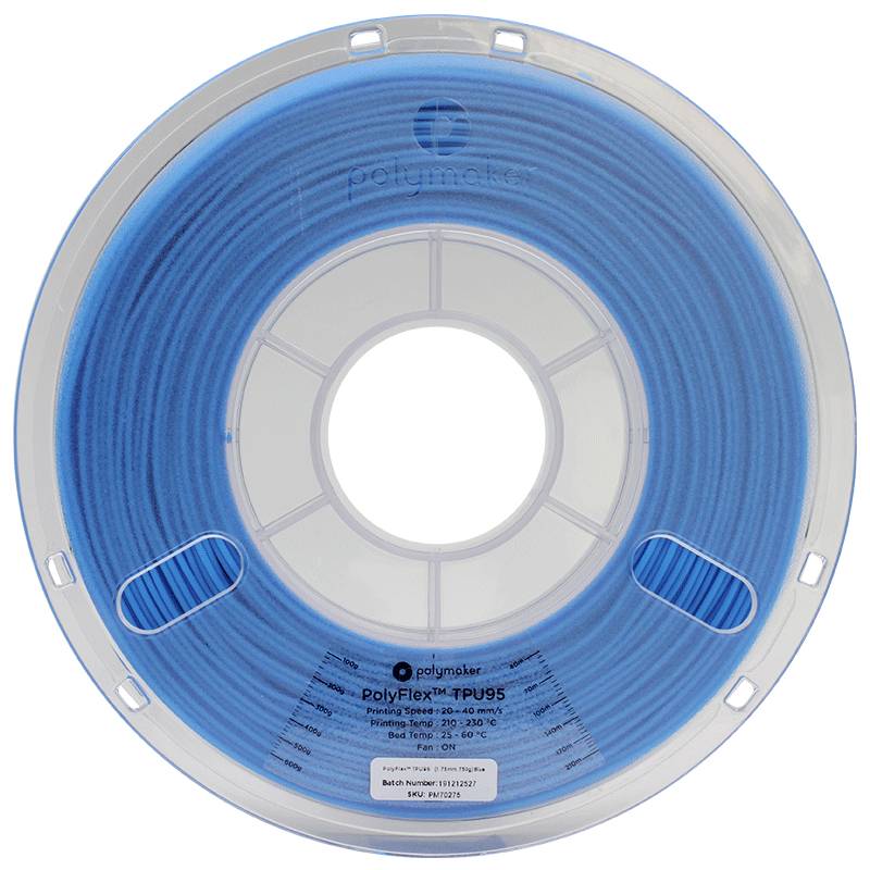 Rolle mit blauem PolyFlex TPU95 Filament für 3D-Drucker. Etikett zeigt Materialdetails und Kompatibilitätsinformationen.