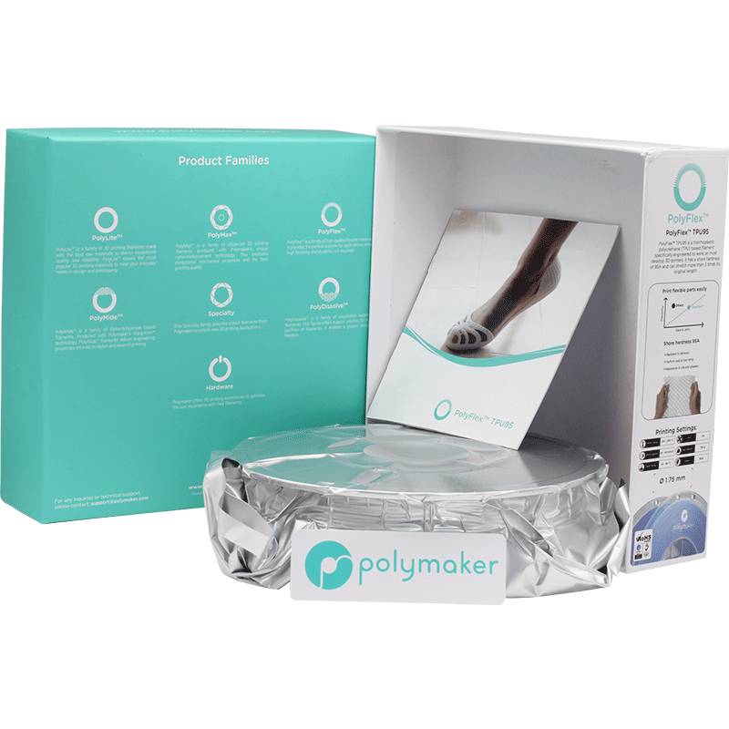 Eine Schachtel mit PolyFlex 3D-Drucker-Filament von Polymaker. Neben der Schachtel liegt eine Rolle des Filaments in silberner Verpackung.