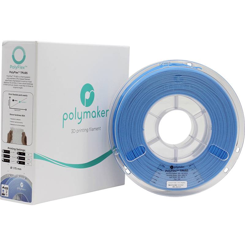 Ein Box und eine Rolle PolyFlex 3D-Druckerfilament von Polymaker in Blau, ideal für flexible und präzise Drucke.