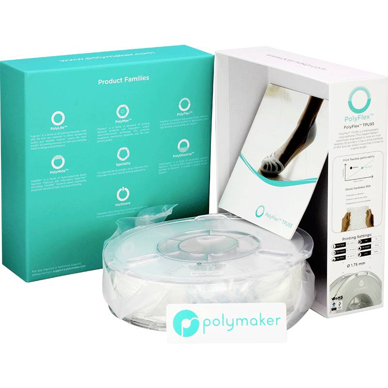 Verpackung einer PolyFlex-3D-Drucker-Filamentrolle mit sichtbarem Kunststoffspulendesign. Enthält Infos zur Produktreihe auf der Schachtel.