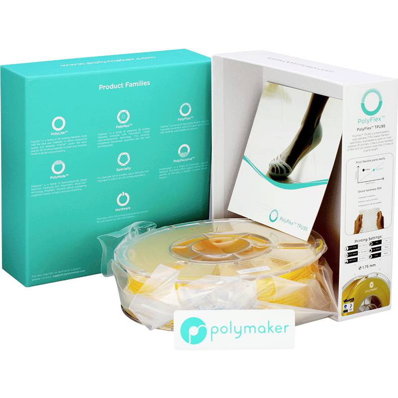 Eine Verpackung von Polymaker PolyFlex-Filament. Das Bild zeigt die Schachtel und eine Rolle gelbes Filament. Geeignet für 3D-Druck.
