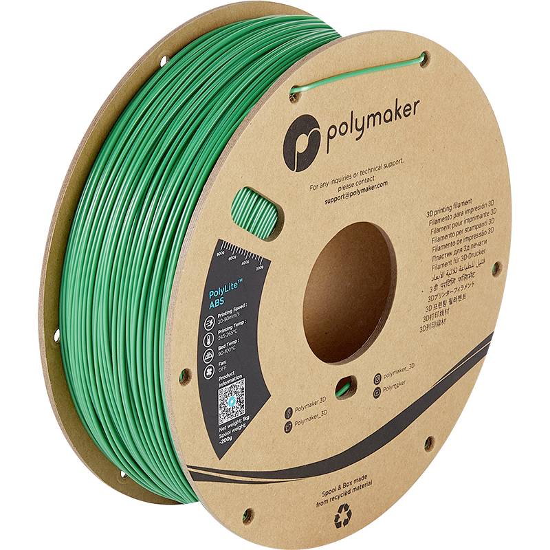 Eine Spule mit grünem 3D-Drucker-Filament von Polymaker, geeignet für ABS-Druck. Die Verpackung ist aus recyceltem Karton gefertigt.