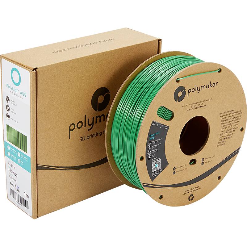 Eine grüne Spule aus Polymaker-Filament, geeignet für 3D-Druck, steht neben einer braunen Verpackung mit Markenlogo und Produktdetails.