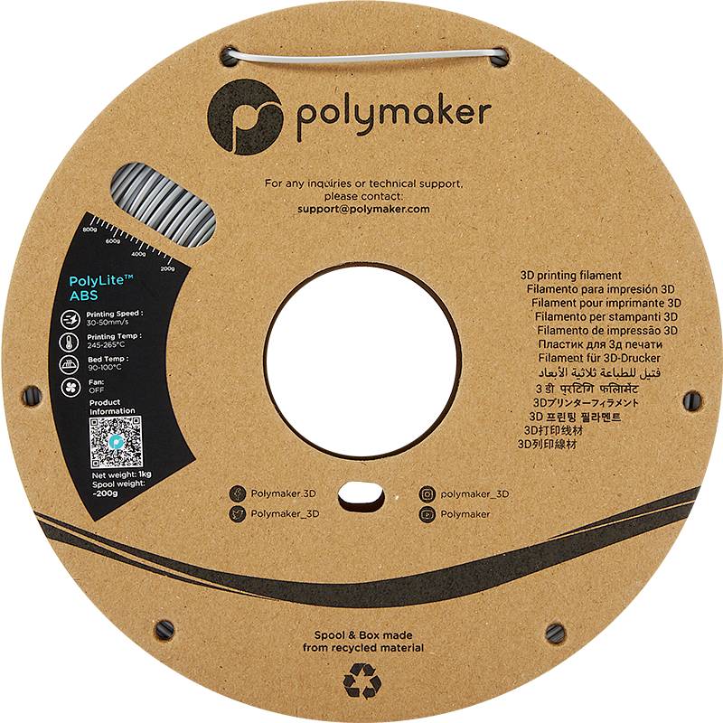 Eine Rolle 3D-Druckfilament von Polymaker. Enthält Informationen über den Filamenttyp 'PolyLite ABS' und die Kontaktadresse.