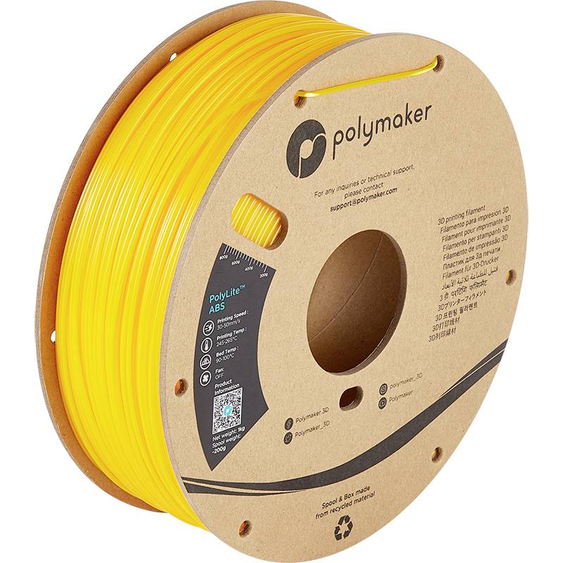 Eine Rolle gelbes 3D-Drucker-Filament der Marke 'Polymaker', auf einer Kartonspule, geeignet für verschiedene 3D-Drucker.