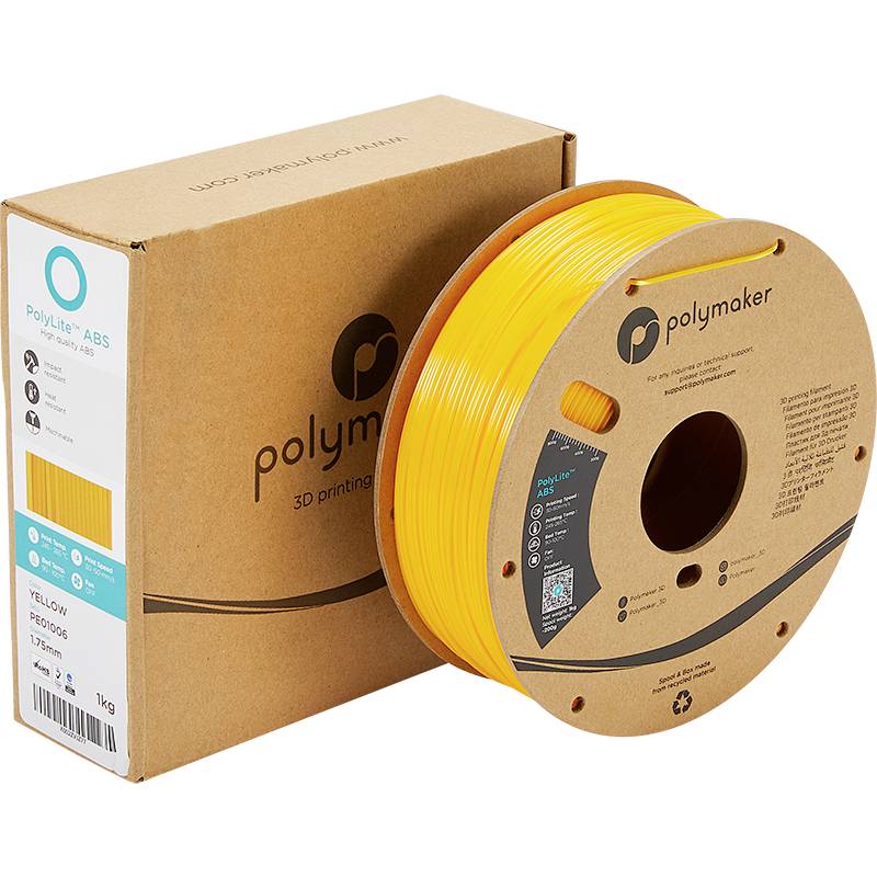 Eine Spule mit gelbem 3D-Drucker-Filament neben einer Pappverpackung der Marke Polymaker, Modell PolyLite ABS.
