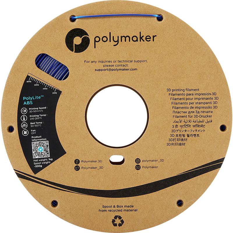Ein brauner Spulenkarton von Polymaker für 3D-Druckmaterial, Filament PolyLite ABS, mit Kontaktinformationen und recyceltem Materialhinweis.