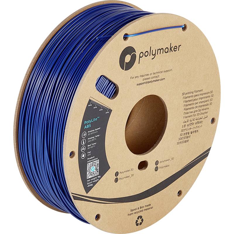 Eine Spule mit blauem 3D-Druckerfilament der Marke Polymaker, auf einem braunen Karton mit Etikett und Aufschrift 'PolyLite ABS'.