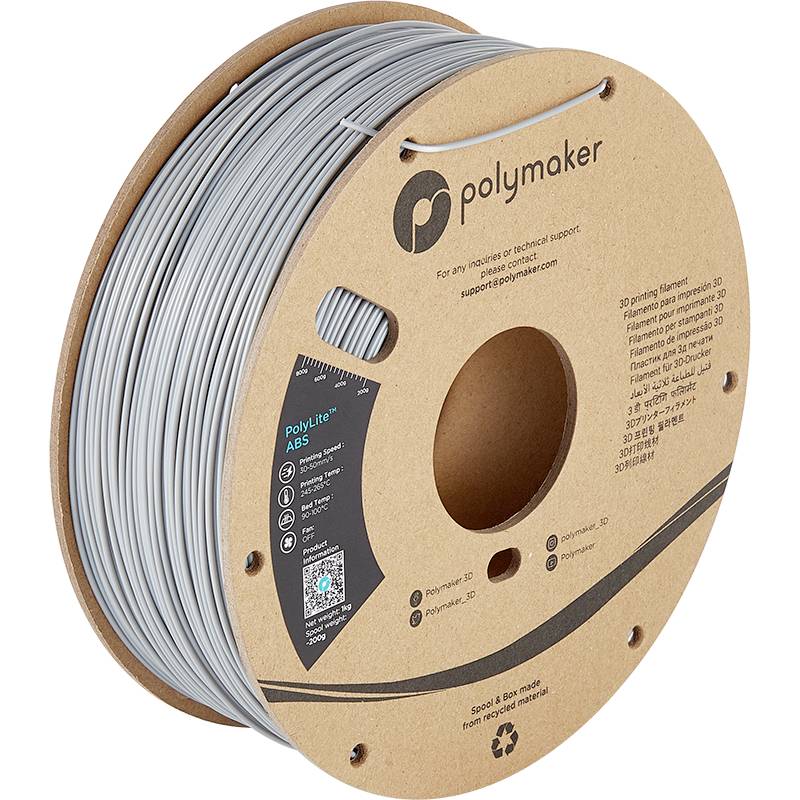 Polymaker Filamentspule aus ABS in Grau mit etikettierten Details zur Produktbeschreibung und Recycling-Hinweis.