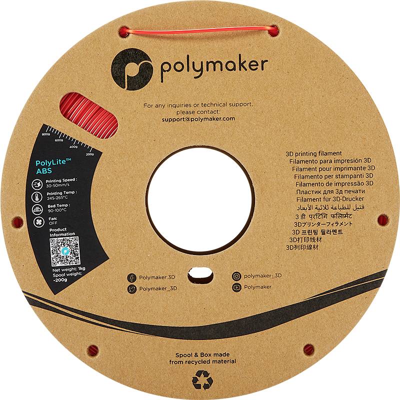 Eine Kartonspule mit rotem 3D-Druckfilament der Marke 'Polymaker', umgeben von mehrsprachigen Beschreibungen und Recycling-Symbol.